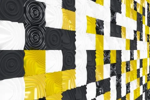 Pattern of black, white and yellow cubes with deformed surfaces Stock Illustration