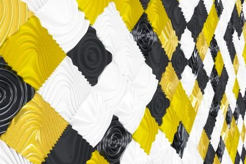 Pattern of black, white and yellow cubes with deformed surfaces Stock Illustration