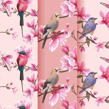Pattern with blossom bird concept design watercolor illustration Stock Illustration