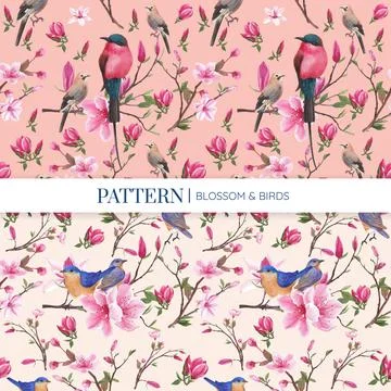 Pattern with blossom bird concept design watercolor illustration Stock Illustration