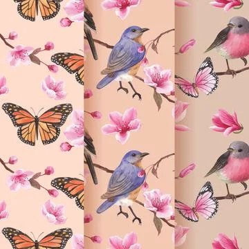 Pattern with blossom bird concept design watercolor illustration Stock Illustration