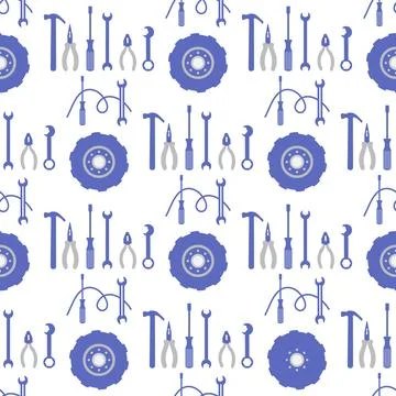 Pattern with blue and gray tools and wheels in repeating design suitable fo.. Stock Illustration