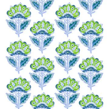 A pattern of blue and green flowers on a white background Stock Illustration