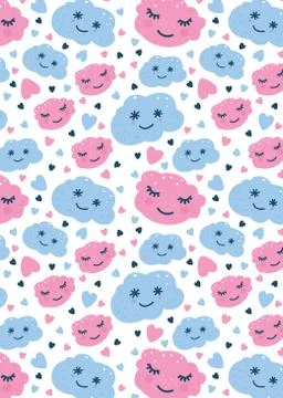Pattern with blue and pink clouds, hearts. Clouds with face Illustrazione stock