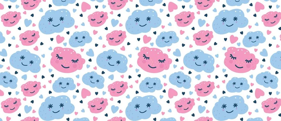Pattern with blue and pink clouds, hearts. Illustrazione stock