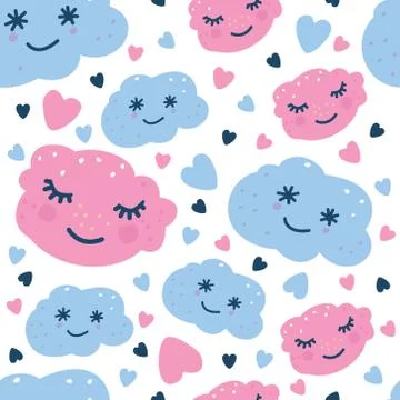 Pattern with blue and pink clouds, hearts. Clouds with face Stock Illustration