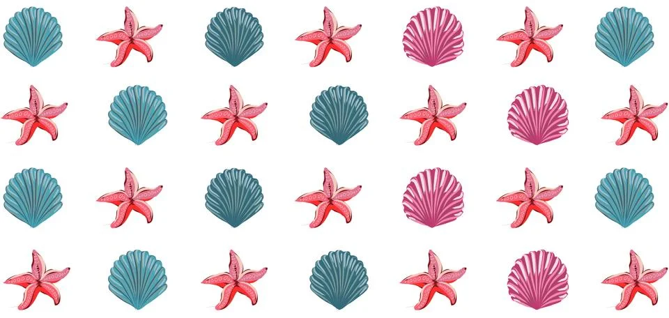 Pattern of blue and pink seashells and starfish. Sea fauna theme イラスト素材