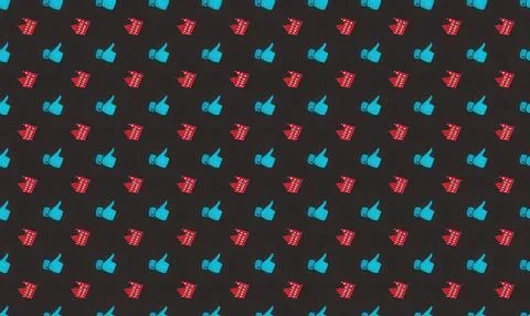 Pattern of blue and red thumbs-up icons on black background Stock Illustration