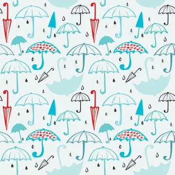 Pattern of blue and red umbrellas and drops Stock Illustration