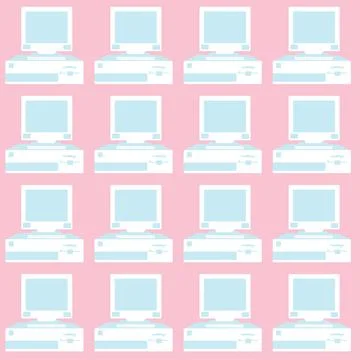 Pattern of blue and white, old, vintage, retro, hipster computers with convex Stockillustratie