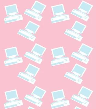 The pattern of blue and white, old, vintage, retro, hipster computers turned  Stockillustratie