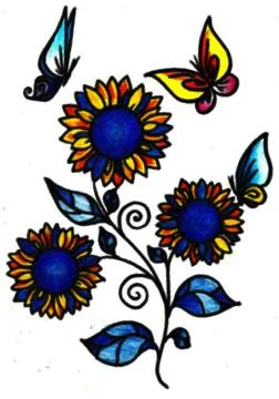 Pattern of blue and yellow sunflower flowers and colorful butterflies Stock Illustration