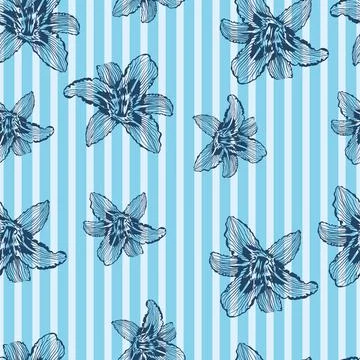 Pattern, on a blue background blue outlines of a flower lily, vector illustra Stock Illustration