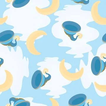 Pattern, on a blue background clouds, month and magic hat, vector illustratio Stockillustratie