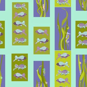 A pattern on a blue background of colorful fish and seahorses in algae 库存插图