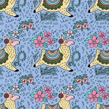Pattern on a blue background with the image of alpacas and flowers Stock Illustration