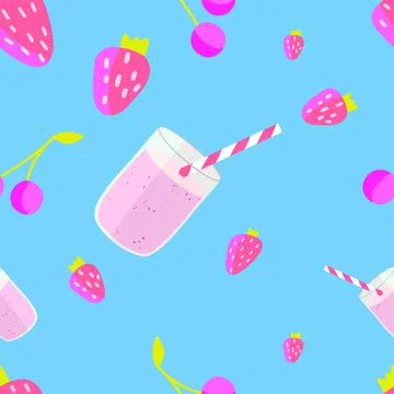 Pattern on blue background with strawberry milkshake Stock Illustration