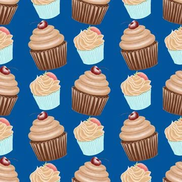 A pattern on a blue background of stylish chocolate and vanilla cupcakes Stock Illustration