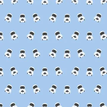 Pattern on blue background of white futuristic robots, artificial intellect Stock Illustration