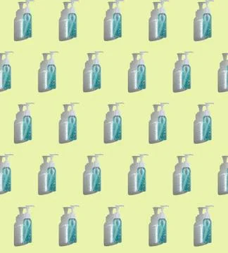 Pattern with a blue bottle on a yellow background Foto stock