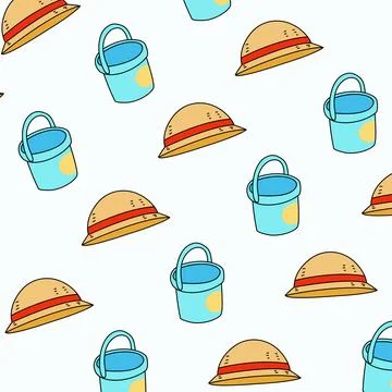 Pattern a blue bucket and yellow straw hat on white background. Doodle hat patte イラスト素材