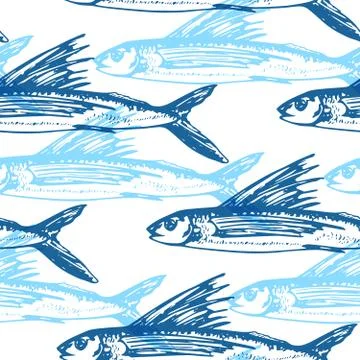 Pattern with blue flying fish Stock Illustration