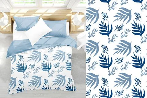 A pattern with blue leaves and berries on a white background Stock Illustration
