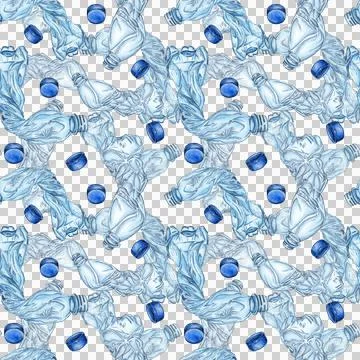 Pattern blue plastic bottles and caps watercolor 스톡 일러스트