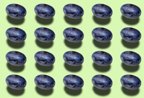 Pattern with a Blue plum on a light green background. Foto stock