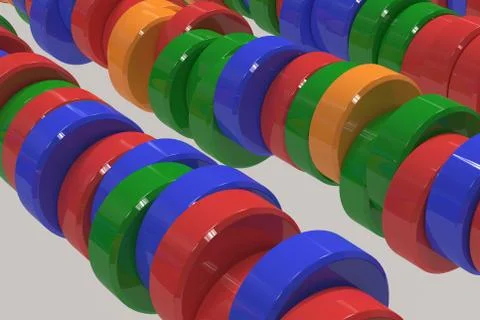 Pattern of blue, red and green cylinder tablets on white background Stock Illustration