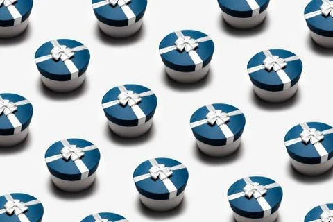 Pattern of blue round gift box with bow isolated on white background. Stock Photos