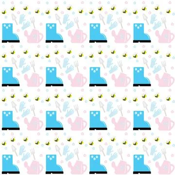 Pattern of blue rubber boots, gloves, garden tools, bees, and flowers. Vector Stock Illustration