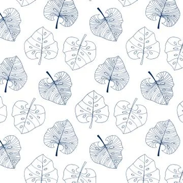 Pattern with blue tropical leaves white background. Stock Illustration
