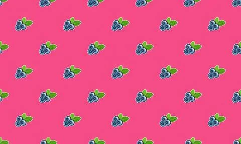 Pattern of blueberries with green leaves on pink background Stock Illustration