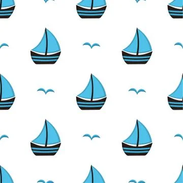 Pattern with boat and gull Stock Illustration