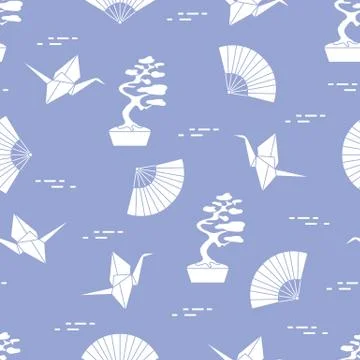 Pattern. Bonsai trees, origami cranes, fans. Stock Illustration