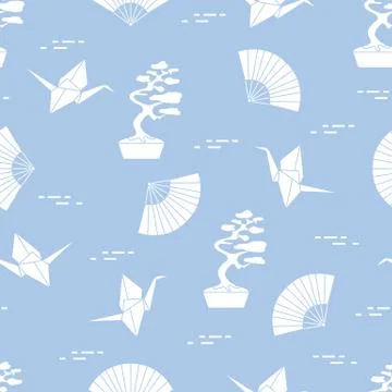 Pattern. Bonsai trees, origami cranes, fans. Stock Illustration