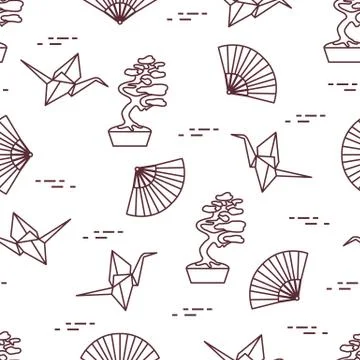 Pattern. Bonsai trees, origami cranes, fans. Stock Illustration