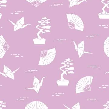 Pattern. Bonsai trees, origami cranes, fans. Stock Illustration