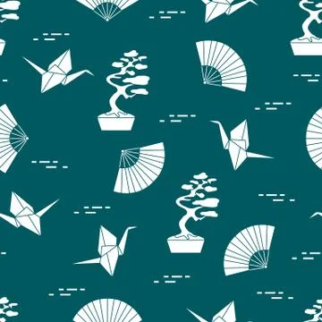 Pattern. Bonsai trees, origami cranes, fans. Stock Illustration