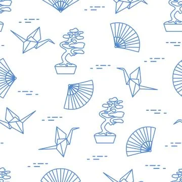 Pattern. Bonsai trees, origami cranes, fans. Stock Illustration