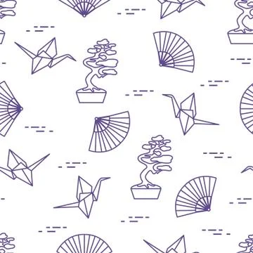 Pattern. Bonsai trees, origami cranes, fans. Stock Illustration