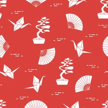 Pattern. Bonsai trees, origami cranes, fans. Stock Illustration