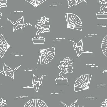 Pattern. Bonsai trees, origami cranes, fans. Stock Illustration