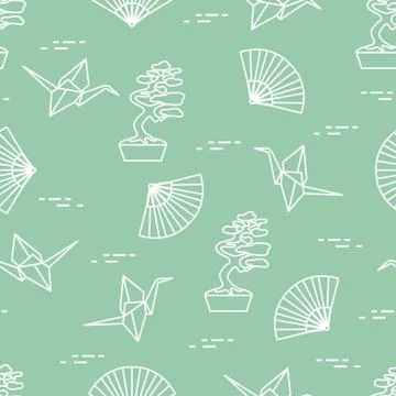 Pattern. Bonsai trees, origami cranes, fans. Stock Illustration