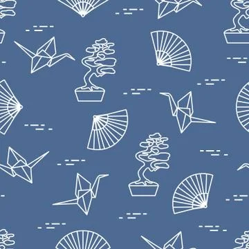 Pattern. Bonsai trees, origami cranes, fans. Stock Illustration