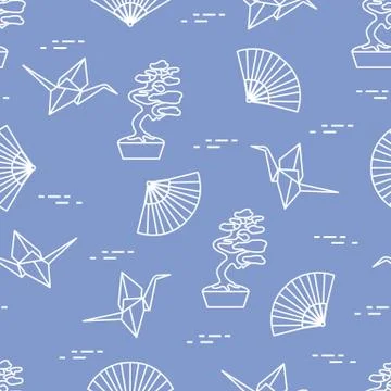 Pattern. Bonsai trees, origami cranes, fans. Stock Illustration
