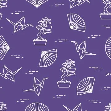Pattern. Bonsai trees, origami cranes, fans. Stock Illustration