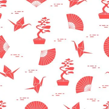 Pattern. Bonsai trees, origami cranes, fans. Stock Illustration