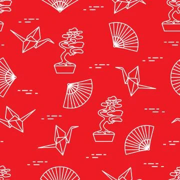 Pattern. Bonsai trees, origami cranes, fans. Stock Illustration
